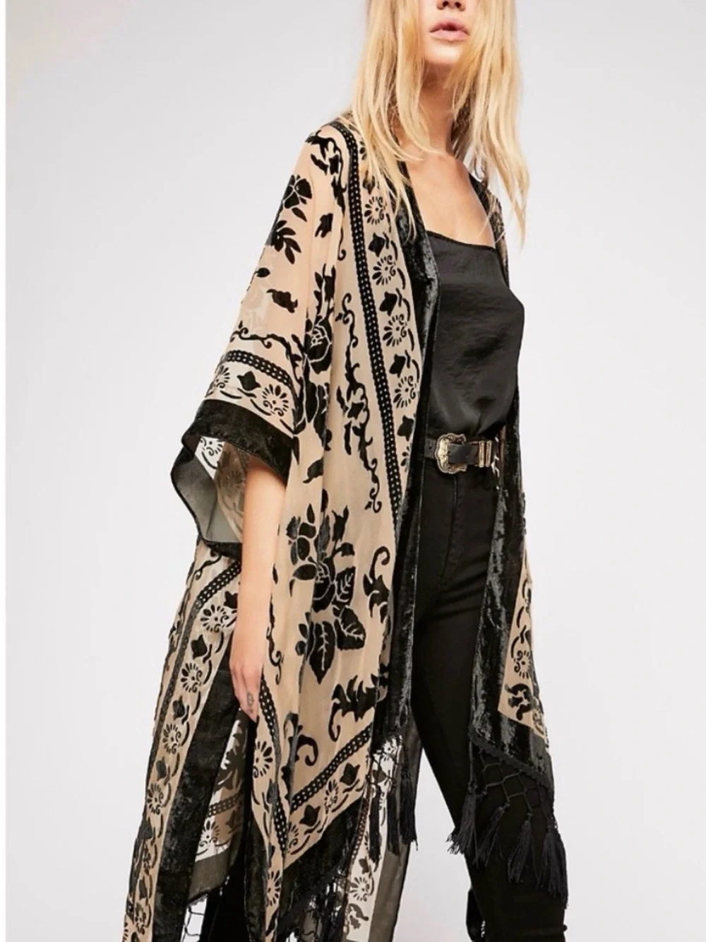 Free People Nightbird Velvet Burnout Kimono One Size Festival Boho Hippie Fairy